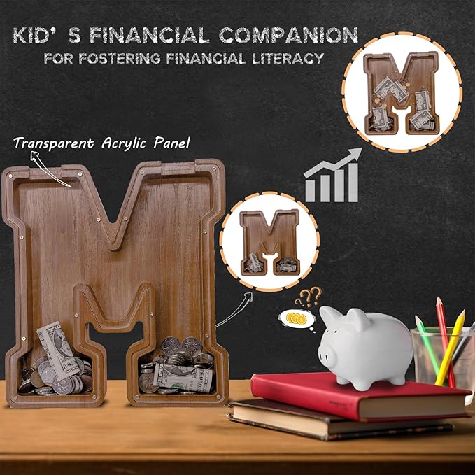 Wooden Letter Piggy Bank for Kids Larger Letter Piggy Bank for Boys and Girls Personalized Piggy Bank Initial Coin Bank Wood Kids Money Bank for Birthday and Festival
