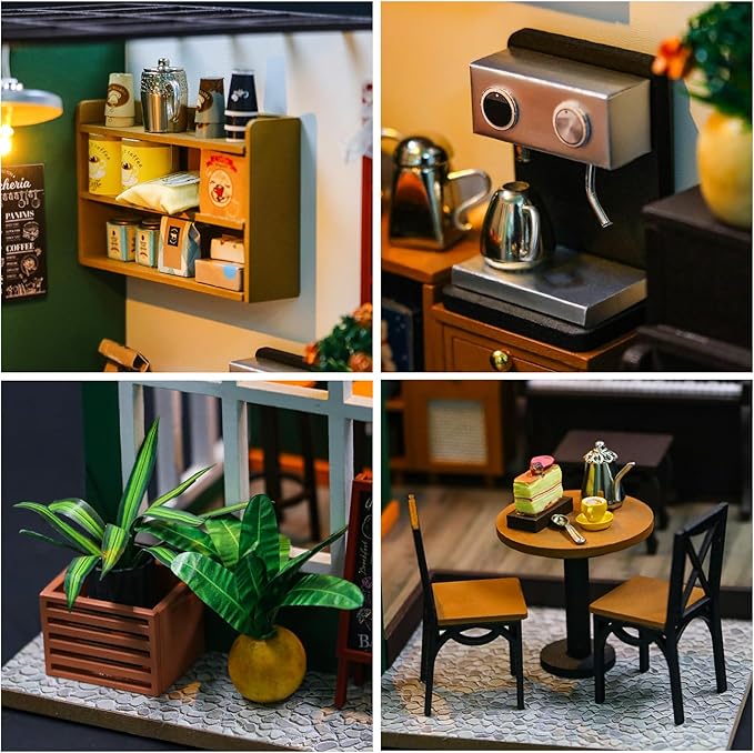 CUTEROOM DIY Miniature House Kit-Coffee Time, Tiny Dollhouse Wooden Furniture Kit, Mini DIY Craft Kits Creative Room for Decoration Family Friends