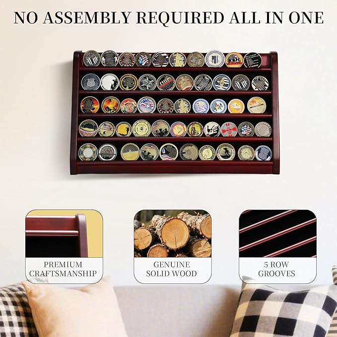 5 Rows Challenge Coin Holder Display Stand Holds 50 Coins for Wall Mount or Tabletop, Solid Wood Military Coin Rack Display Case for Army Collectibles, Mahogany