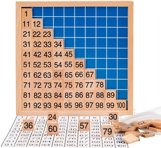 Wooden Montessori Hundred Board, Counting Toy for Kindergarten - Toddler Math Game Board with Storage Bag