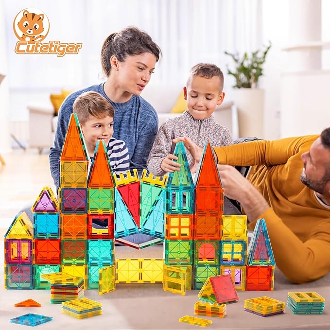 Magnetic Tiles, Magnet Tiles, 100 Pcs Magnetic Building Blocks No Cars, Square Building Castle, Preschool Toys, STEM Stacking Construction Montessori Toys for Kids