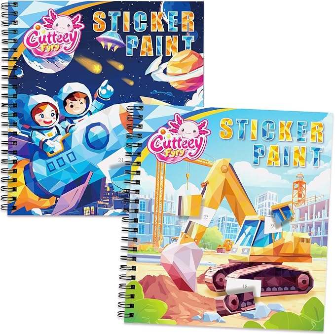 2PCS Paint by Number Sticker Book - Kids Crafts & Acitivity Puzzles Book for Ages 4-10,Mess-Free Travel Toys for Road Trip & Airplane,Perfect Gifts & Basket Stuffers for Kids