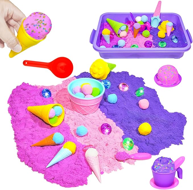 Bbiamsleep Ice Cream Sensory Bin, 61 Pcs Ice Cream Sensory Bin Fillers with Color Sand 11 Mould 9 Tools for Birthday Party