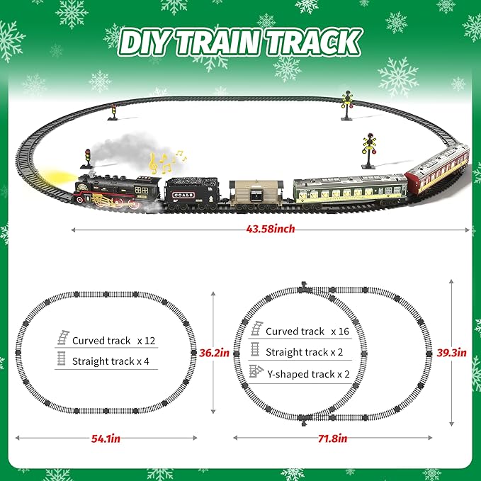 Funwee Train Set with Glowing Passenger Carriages for Under Christmas Tree,Electric Train Toy with Smoke,Light and Sound,Birthday Gifts Idea for 3 4 5 6 7+ Years Old Toddler Boys and Girls