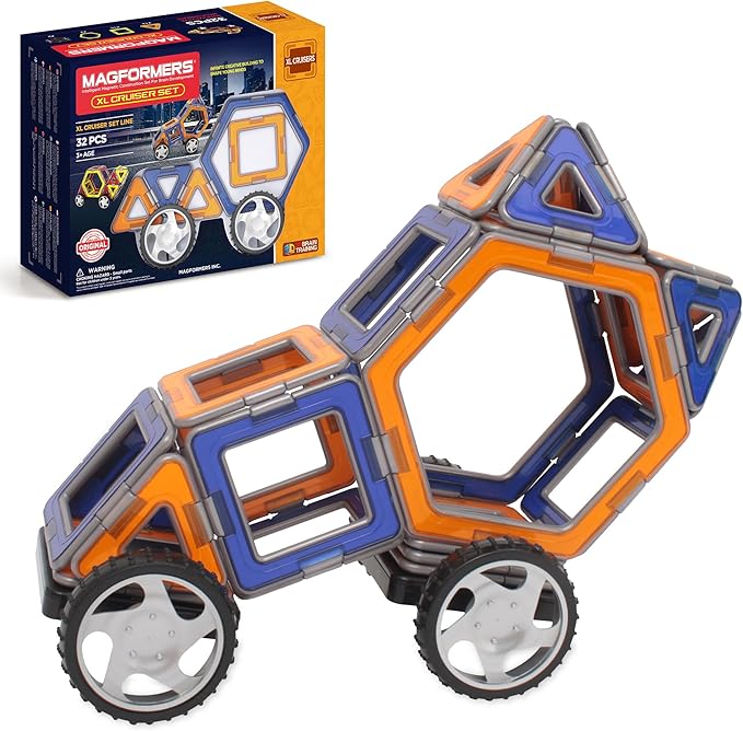 Magformers XL Cruisers Set (32-pieces) Magnetic Building Blocks, Educational Magnetic Tiles Kit , Magnetic Construction STEM Toy Set includes wheels