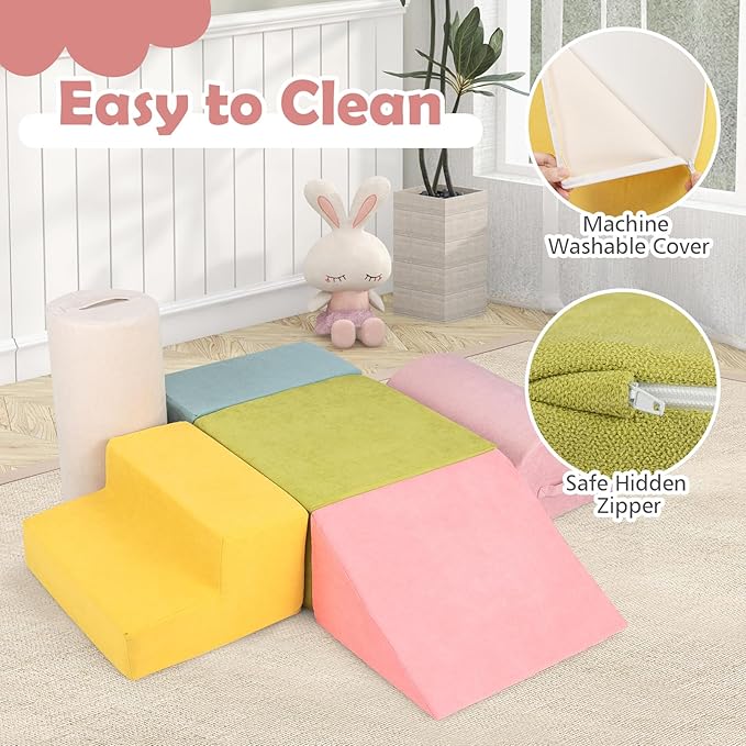 Costzon Toddler Climbing Toys Indoor, 6 Pieces Foam Climbing Blocks for Baby Inside with Skin-Friendly Chenille Fabric, 30D High-Density Foam & Carrying Handles, Soft Play Climbing for Toddlers (Pink)