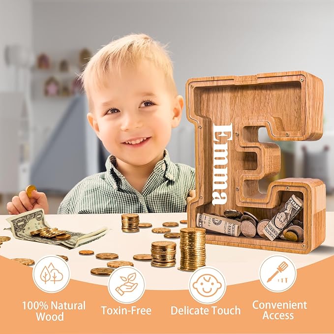 Wooden Letter Piggy Bank for Kids Larger Alphabet Letter Bank for Boys Initial Coin Bank Personalized Piggy Bank Wood Money Save Box for Birthday and Festival-Upgrade 9"" E Piggy Bank