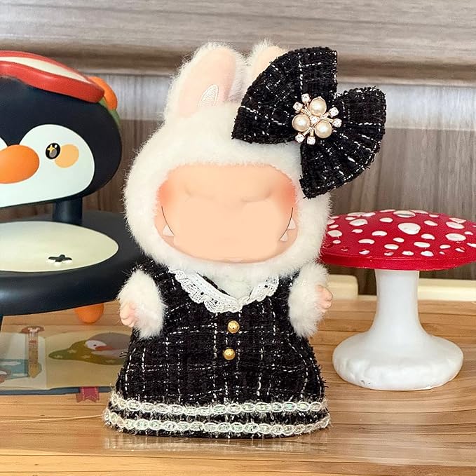 17cm Doll Clothes and Shoes Set, Cute Girls Outfits and Leather Shoes, 4 PCS Black Chic Dress Stylish Outfits Exquisite Accessories