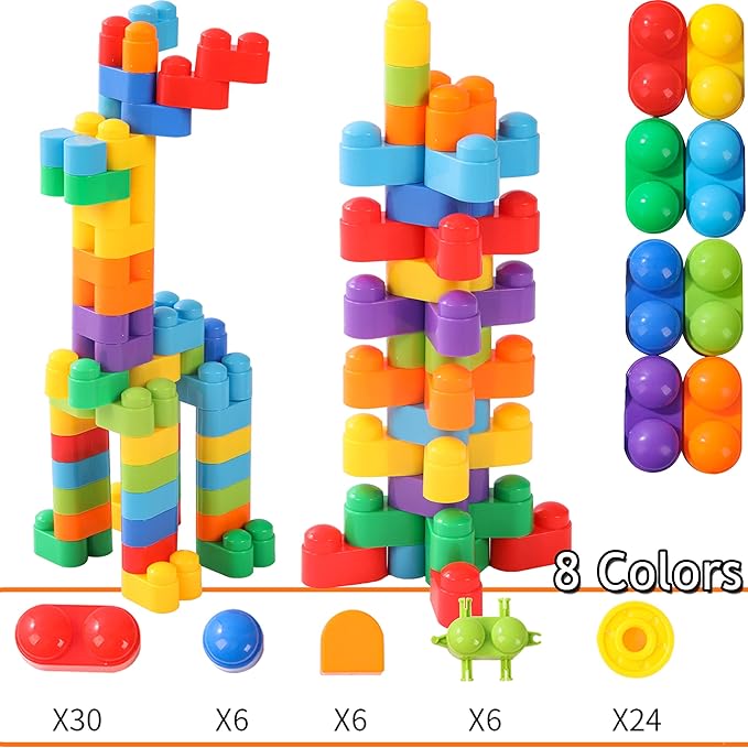 RAINBOW TOYFROG Building Blocks Toys for Toddlers–Educational Development STEM Toys–Safe Skill Building Toys for Boys&Girls – Set of 74pcs with Alphabet &Umber Stickers – Included Storage Bag