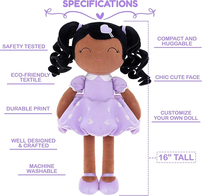 Gloveleya Personalized Curly Doll with Your Name - Cute Custom Tanned Purple Soft Plush Doll for Girls Plush Doll Customized Gifts