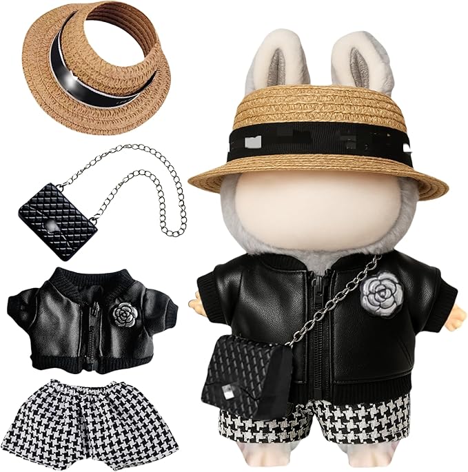 Clothes for Labubu(No Doll) – Cute 4-Piece Straw Hat,Premium Jacket with Chain Bag,Chic Fashion Accessories Set Compatible with 17cm Collectible Figures Stylish Clothes for Boys Girls Birthday