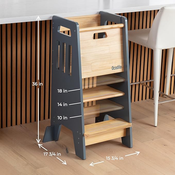 OCODILE Toddler Tower with a Sliding Door and 3 Adjustable Heights - Complete Toddler Kitchen Stool Helper with Support Feet - Safe Design for 18+ Months to 6-Year-Old Kids - Gray