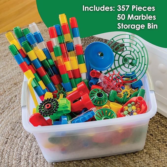 MindWare Colossal Elevator Marble Run – 400-Piece Marble Maze Building Toys Set with Unique Marble Track Pieces, 150 Tubes, 9 Funnels, 50 Marbles and More with Wheeled Storage Bin