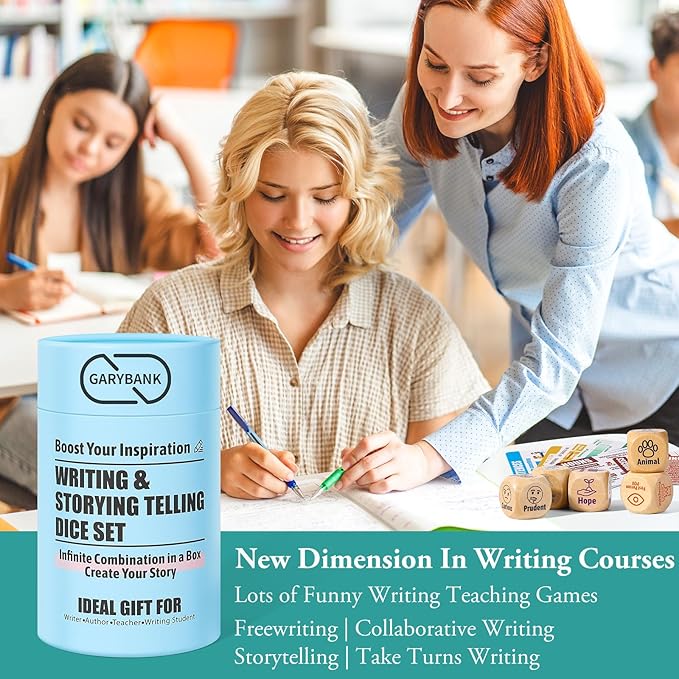 Garybank Creative Writing Prompts Dice Set - Writers Gifts, W/13 Writing Skill Cards - Story Writing/Telling Game for Kids & Adults - Set of 9 Story Cubes for Inspiration - Gifts for Teacher Christmas