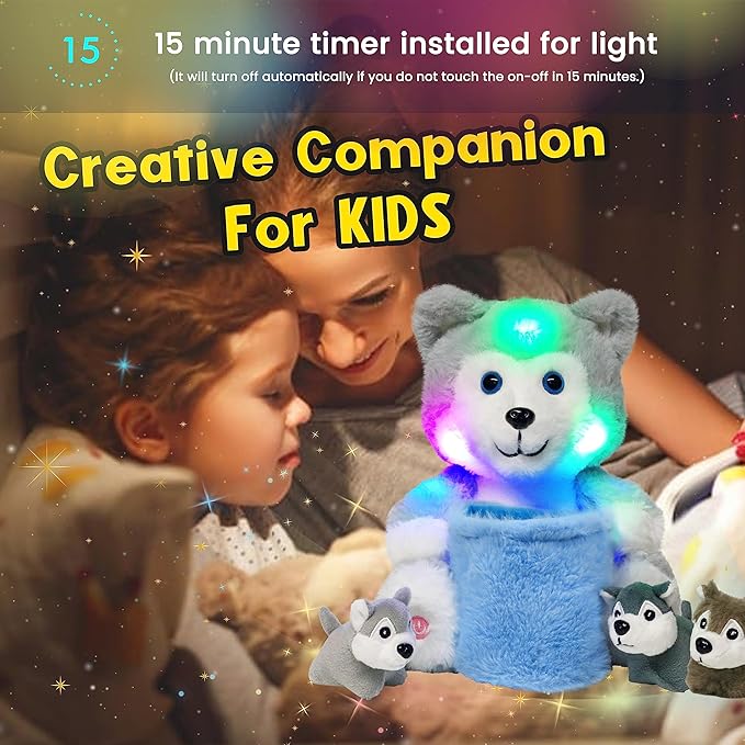 Hopearl LED Plush Husky with Removable Bucket Lighting Up Stuffed Mommy Dog with 3 Baby Puppies in Basket Floppy Stuffed Animal Playset Night Lights Glow in The Dark Birthday Gifts for Kids, 10''