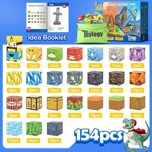 154PCS Large Magnetic Blocks-Build Mine Magnet World Dinosaur & Mine Edition, Building Outdoor Sensory Toys for Kids 3-5, STEM Jurassic Kid Games for Toddler Gifts for Boys and Girls Ages 3 4 5 6 7 8
