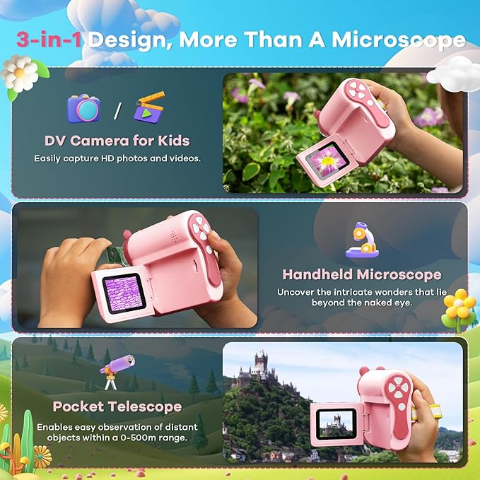 HP60 IPS Microscope for Kids: [Auto On & Off] [3-in-1] 2" Portable Handheld Microscope Miniscope, Pocket Mini Scope Educational Science Kit, Christmas Birthday Gifts for Kids, PC View, Pink