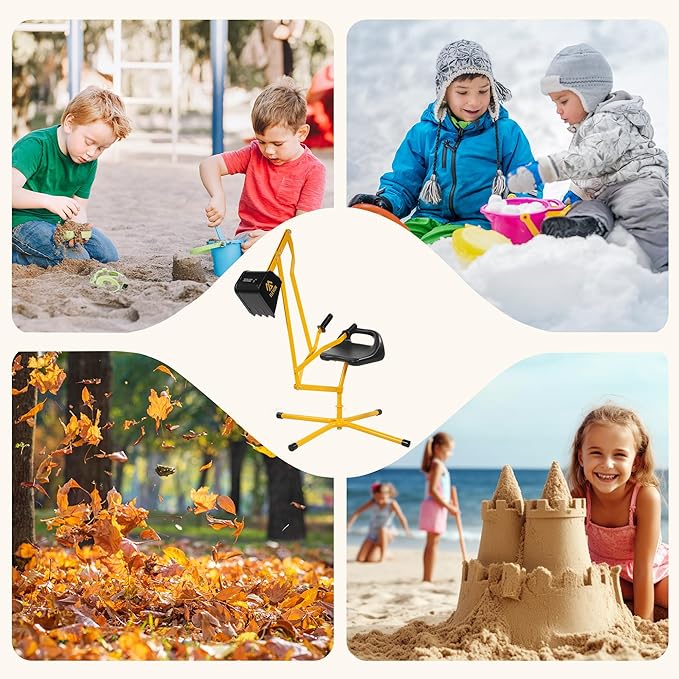 Elevon Sand Digger Kids Excavator Ride On Toy, Beach Toys Outdoor Sandbox Toy Digger, Steel Excavator Crane Rotates 360 with Stabilizing Base, Sand Toys Backyard Sandbox, Dirt and Snow - Yellow