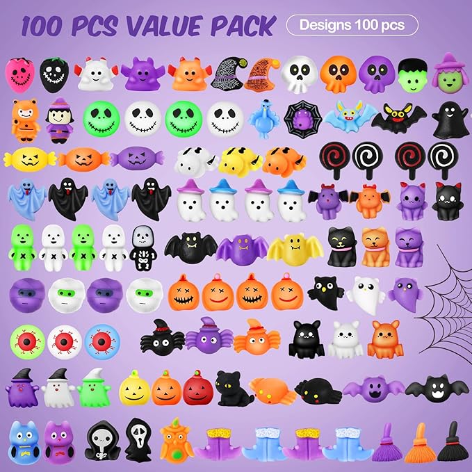 100 PCS Halloween Squishy Toys for Kids Party Favor Halloween Trick or Treat Toys Bulk,Soft Squishy Toys for Kids Boys Girls Gifts Classroom Rewards,Goodie Bags Fillers