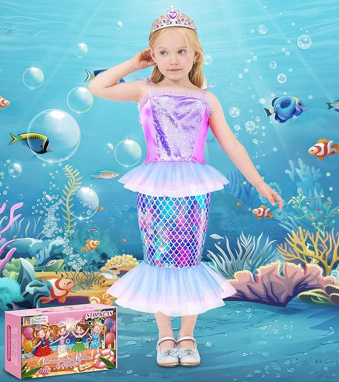 Princess Dress Up Clothes for Little Girls, 16 PCS Princess Toddler Dress Up Costumes, Kids' Dress Up Pretend Play Toys Gifts for Toddlers, Mermaid Dress Up Set with Accessories for Girls 3 4 5 6