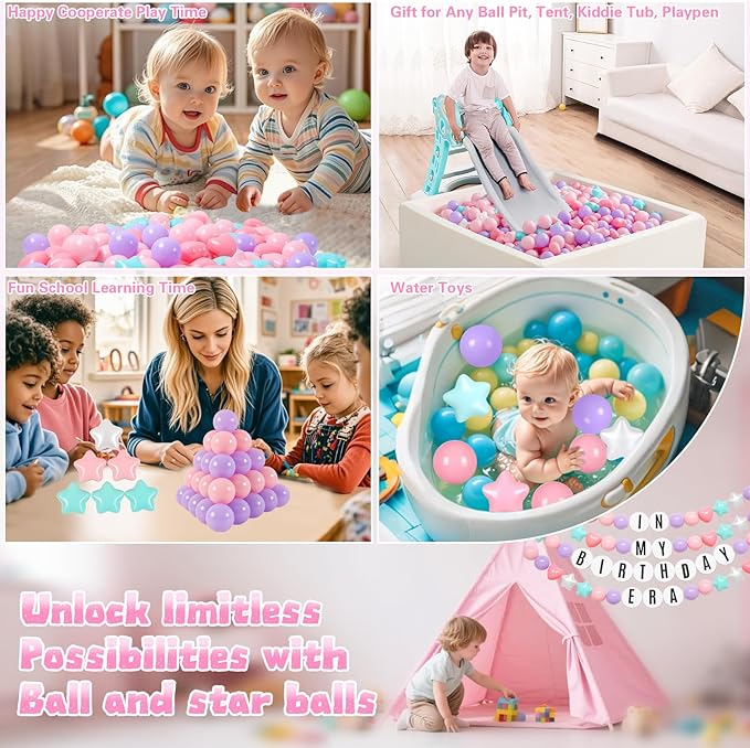 Ball Pit Balls Pack of 100 200 500 - Star and Round Set BPA Free Phthalate Free Non-Toxic Crush Proof Play Balls Soft Plastic Balls for Toddlers Baby Kids Birthday Pool Tent Party