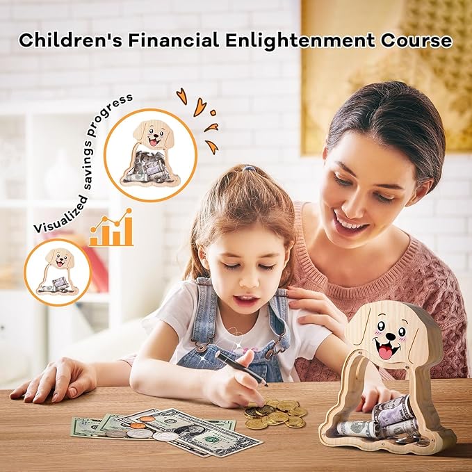 Wooden Dog Piggy Bank for Kids with Letter Stickers, Cute Labrador Large Money Box for Boys, Girls, Wooden Coin Bank, Piggy Money Jar Personalizable Gift, Educational Toy for Kids