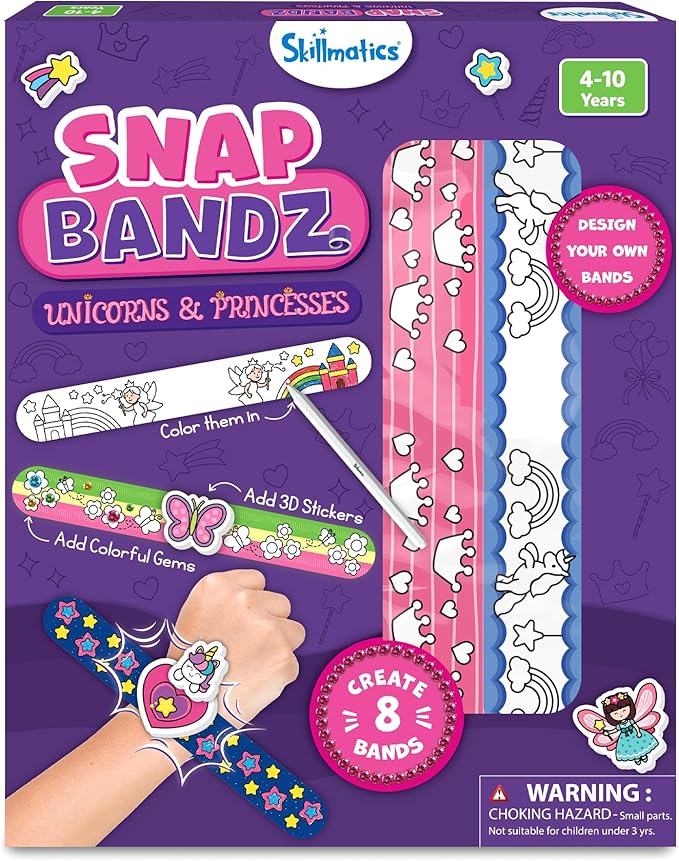 Skillmatics Art & Craft Activity - Snap Bandz, Unicorns & Princesses, Stocking Stuffers, DIY Mess-Free Creative Kit, 8 Bands (8.6"), for Girls & Boys Ages 4, 5, 6, 7, 8, 9, 10
