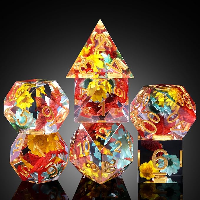 Resin DND Dice,DNDND Handmade Flowers Sharp Edge Die with Gift Case for D&D Dungeons and Dragon Games (Red and Yellow Flowers)