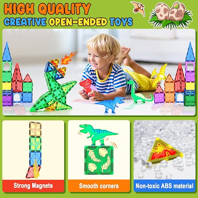 Dinosaur Toys Magnetic Tiles - Magnet Building Blocks for Toddler Kids Toys STEM Sensory Outdoor Toy for 3+ Year Old Boys and Girls, Dinosaur World Creative Games Kids