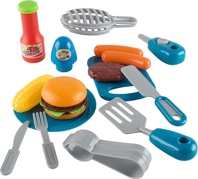 BBQ Grill Toy Set - Interactive Play Kitchen Set with Lights and Sounds, Wheels, Toy Food, and Cooking Accessories by Hey! Play!, Multicolor, (80-PP-TK081711)