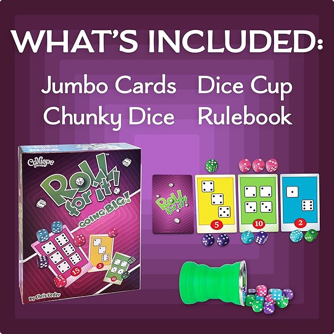 Calliope Games Roll for It Going Big - Fast-Playing Family Dice Game with Big Oversized Cards and Dice, Retirement Party Games, Fun Family Games for Travel, Parties, and Game Night - Purple Edition