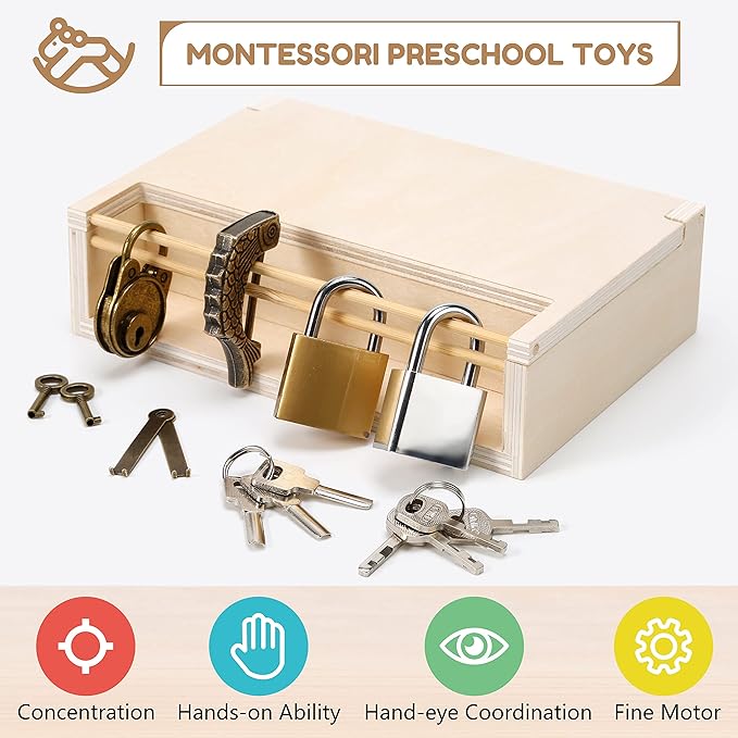 Woodtoe 8 PCS Montessori Lock and Key Toy, Montessori Toys for 3 4 5 Year Old, Kids Tool Set, Montessori Materials Preschool Learning Sensory Toy, Fine Motor Skills, STEM Toys for Toddlers Kids