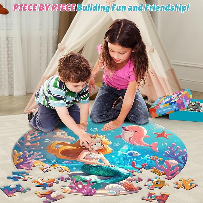 ELX 70 Piece Large Floor Puzzle for Kids Ages 4-8,Mermaid Princess & World Map Jigsaw Puzzles,Double-Sided Ocean Round Puzzles for Toddlers,Educational Toys for 4-8 Year Old Boys&Girls (22.5 Inch)