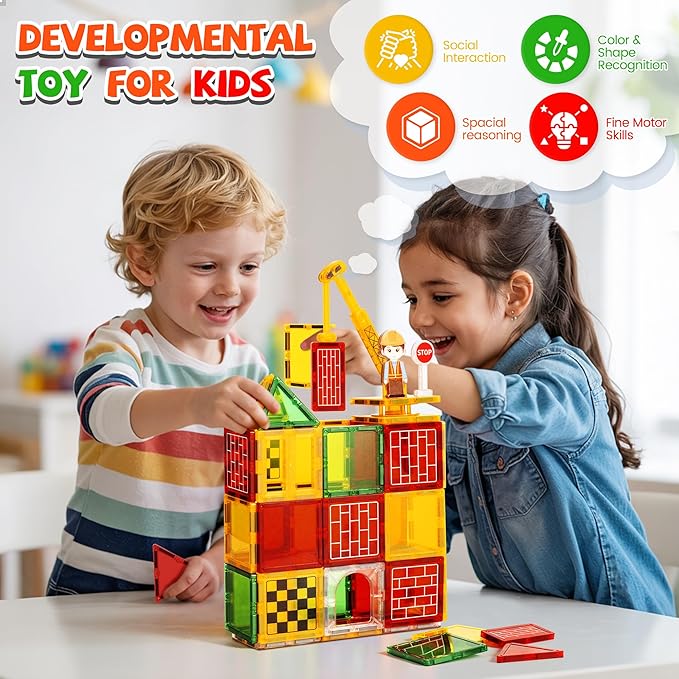 cossy Magnetic Tiles Road Set, Magnet Tiles with Mobile Crane, Magnetic Tiles for Kids Ages 4-8, STEM Toys, Magnet Blocks for Boys and Girls, Creative Building Toys, Engineering