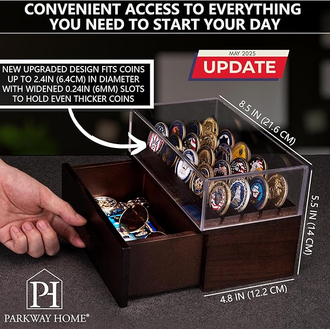 Wooden Display Case with Clear Cover - Medium Coin Stand Holds 20 Coins on Top & 16 in Storage Drawer - Poker Chip Display Case - Brown