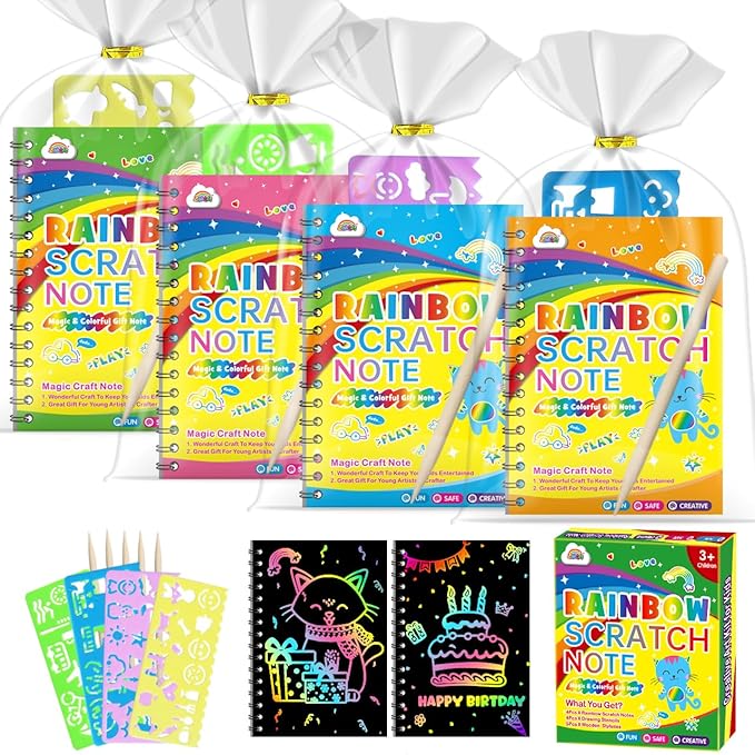 ZMLM Scratch Art Party Favors: 4 Pcs Birthday Gifts Goodie Bags Stuffers Rainbow Scratch Paper Craft Notebooks for Kids 4-8 Classroom Prize Students End School Supplies Toy Girls Boys Return Gift
