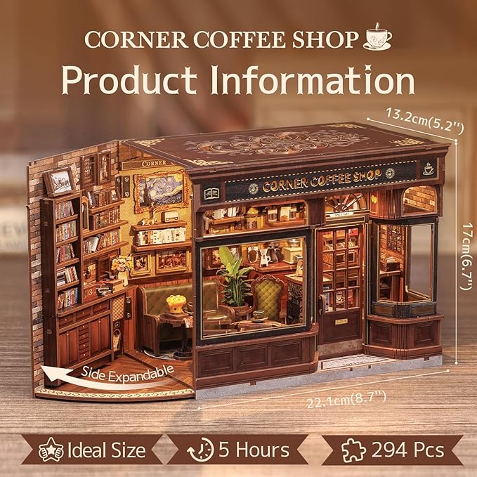 Fsolis Book Nook Kit - DIY Scene Miniature Kit, 3D Wooden Puzzles for Adults, 294 Pieces, Tiny House Booknook Craft Bookshelf Diorama Decor, Gifts for Women Teenagers Book Lovers (Corner Coffee Shop)