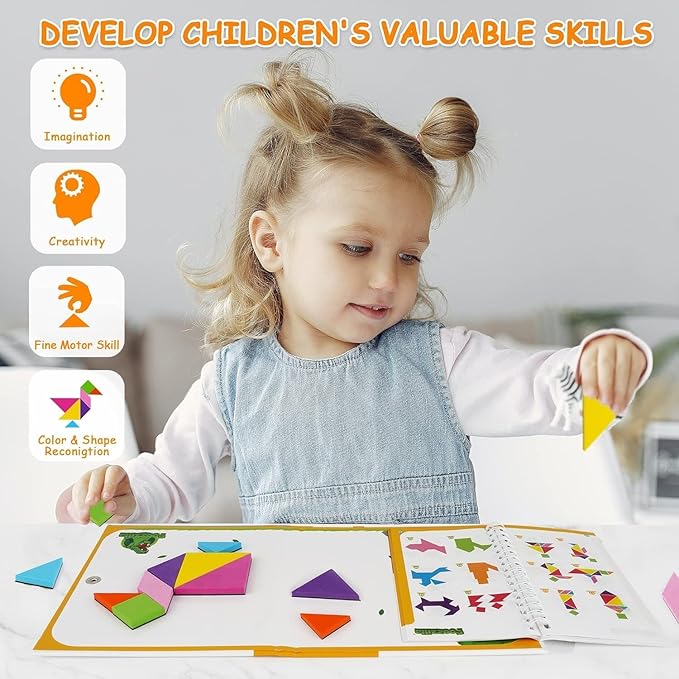 FOOZZILLA Magnetic Tangram Puzzle Set - 2 Sets of Magnetic Pattern Blocks for Road Trip Games and Educational Jigsaw Challenges - Brain-Teasing Fun for Kids and Adults with 368 Solutions