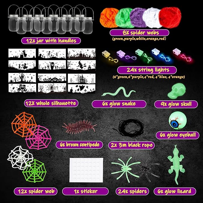 SpringFlower Halloween DIY Arts and Crafts Kits，12 Pcs Glass Mason Jar with Accessories for DIY Lantern Jar, Art & Craft Party Supplies for Classroom Kids
