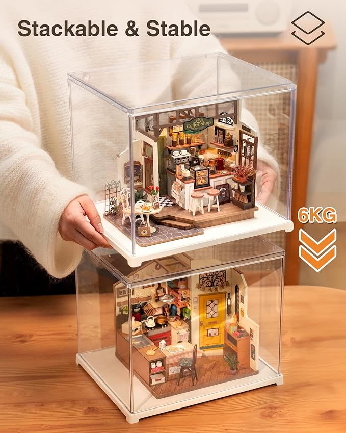 Rolife Dust Cover for Miniature House Building Sets Dsplay Case, Stackable Acrylic Display Box for Collectibles Storage Box with Door Dustproof Prevention (10.6x8.6x8.5inch)