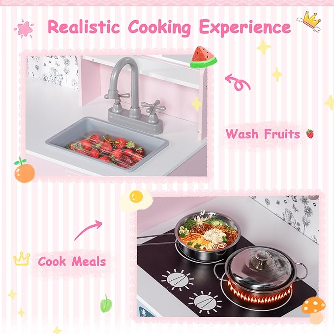 Play Kitchen for Kids, Wooden Kids Kitchen Playset w/Faucet, Sink, Stove, Oven, Window, Cookware, Storage Cabinets, Toddler Role Play Kitchen Pretend Play Toy Set Gift for Girls Boys Ages 3+