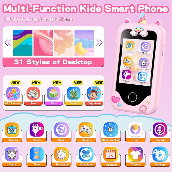 Kids Smart Phone with Dual Camera, Game & Music Player, Toddler Learning Play Toy Cell Phone, Gifts for Girls, Christmas, Birthday, Age 3-10, Light Pink