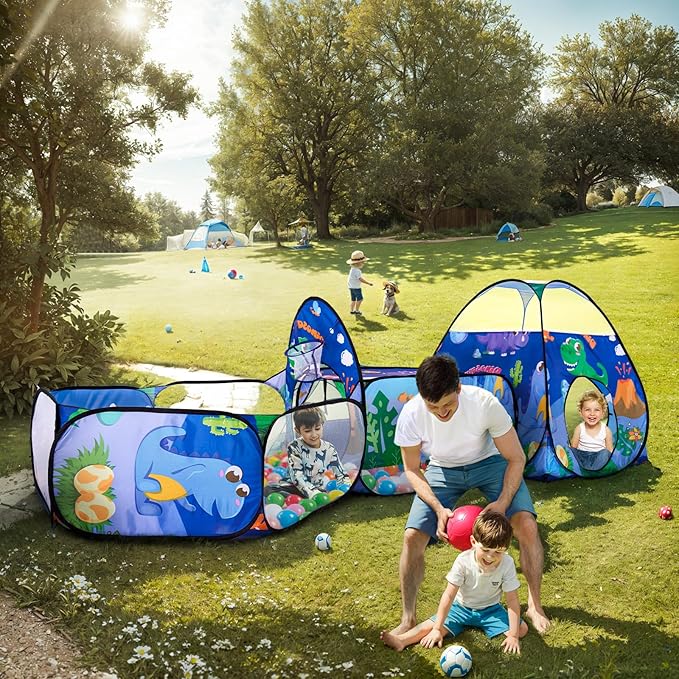 TTLOJ 3PC Dinosaur Kids Play Tent with Ball Pit, Crawl Tunnel, Toddlers Playhouse Castle Toys, Baby Boys Girls Gift for 3 4 5 6 7 Years Old, Outdoor Indoor, Lightweight (Balls Not Included)