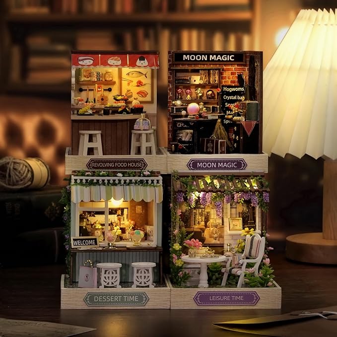 Miniature House Kit, CUTEROOM Tiny House Kit Wooden Dollhouse Kit Mini House Making Kit with Dust Cover, DIY Dollhouse Kit Birthday Gift (Moon Magic)