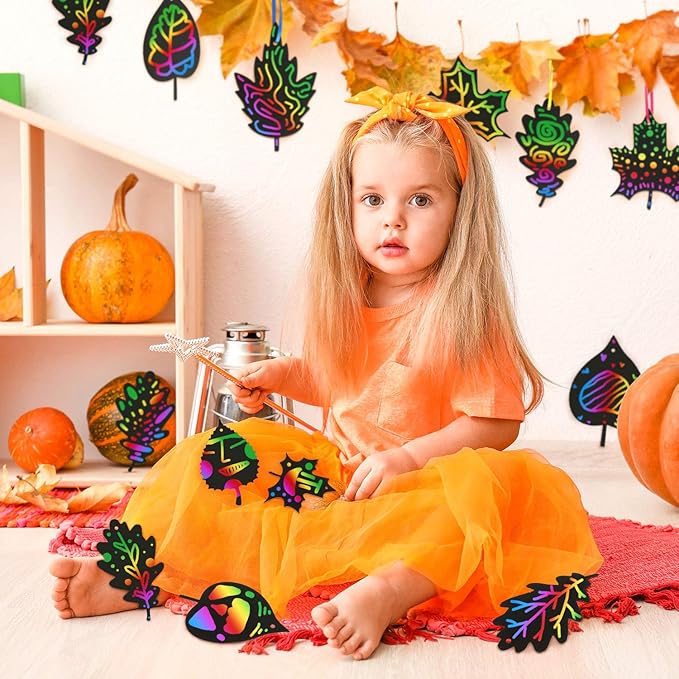 50 Pieces Scratch Fall Leaves Colorful Scratch Leaves Paper with Ribbons and Wooden Stylus for Thanksgiving Harvest Party(Black)