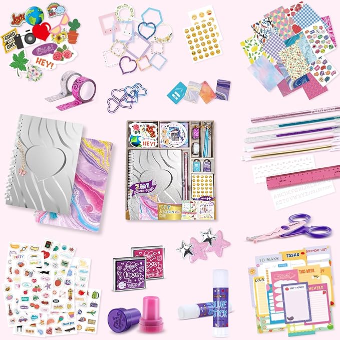 PERRYHOME 2-Pack DIY Journal Kit for Girls - 200+Pcs Journal Set for Tween & Teen Girls, Journaling Art & Crafts Kits, Ideal Gifts for 8 9 10 11 12 13 14 Year Old Girl, Scrapbook & Diary Supplies Set