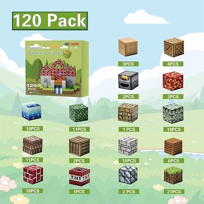 Magnetic Blocks - 120PCS Build Mine Magnet World Set w/Fidget Cubes, Educational Magnetic Tiles Building Toys for Boys & Girls, STEM Montessori Sensory Toys for Toddlers Kids Age 3+