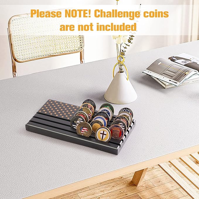 Military Challenge Coins Display Holder,Challenge Coins Stand with American Flag,Army Collectors 6 Rows Military Coin Display Case Rack Solid Wood