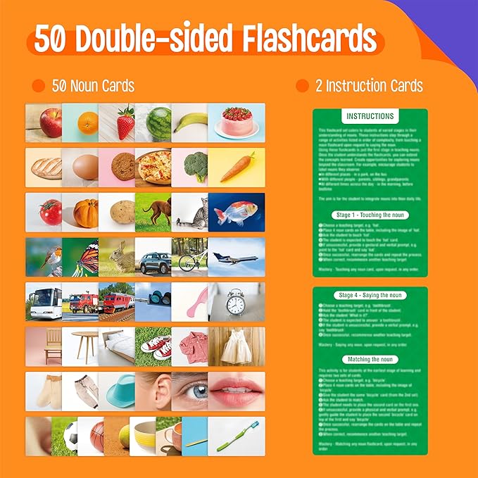 50 Noun Flashcards, Picture & Word Photo Cards Language Builder Visual Aid Language Learning Tool for Autism, ESL Teaching Materials for Adults, Non-Verbal Children Vocabulary Builder for Kids