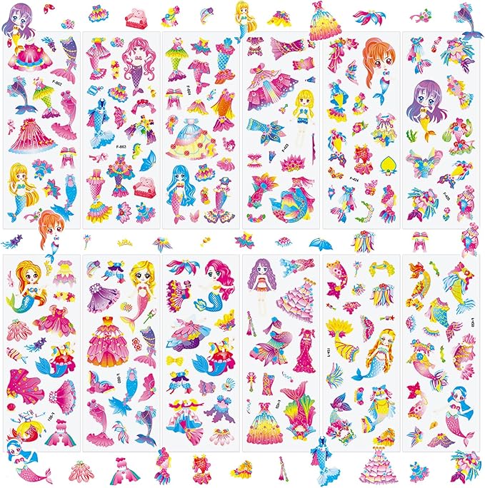 36 Sheets Mermaid Stickers for Kids - 900+ 3D Puffy Stickers Ocean Theme | Sea Animals, Shells, Mermaids | Reusable, Waterproof | Crafts, Scrapbooking, Gifts